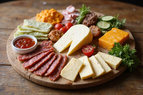 Una varietà di formaggi vegani e sostituti della carne di origine vegetale