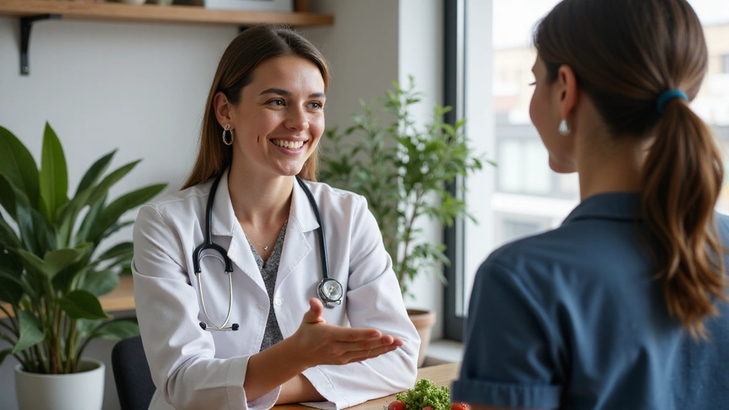Un nutrizionista sorridente che interagisce con un paziente in un ambiente clinico moderno e accogliente.