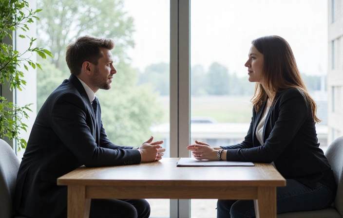 Una persona in un contesto di consulenza, seduta a un tavolo con un professionista, con un'atmosfera di dialogo aperto
