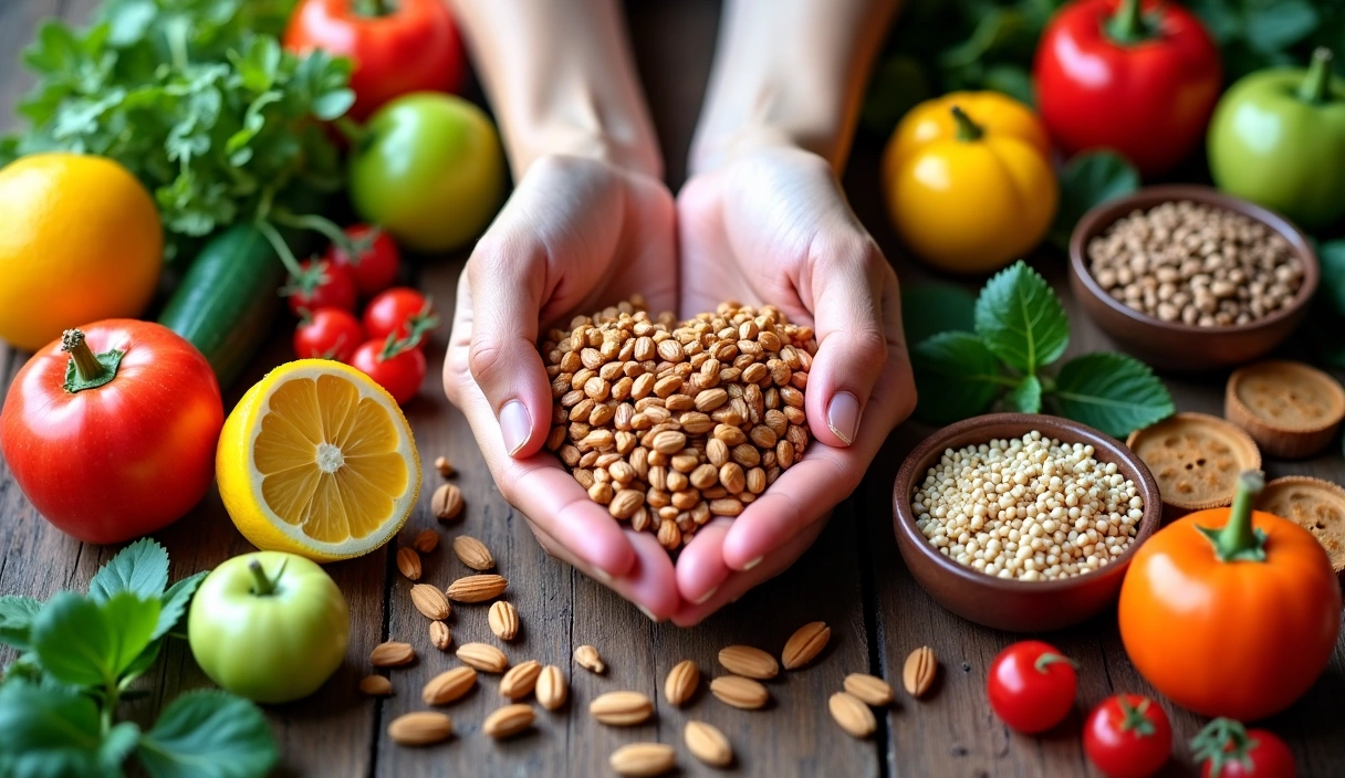 Immagine rappresentativa di cibo sano, equilibrio e benessere, con frutta fresca, verdure colorate e mani che creano un cuore, simbolizzando cura e salute.