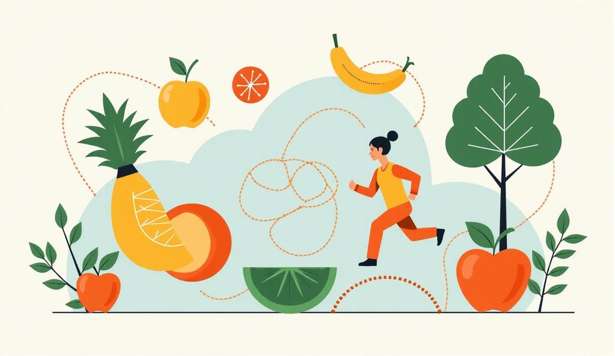 Immagine astratta che rappresenta vari aspetti della nutrizione e della salute, con elementi grafici stilizzati di cibo, sport e benessere mentale, interconnessi.