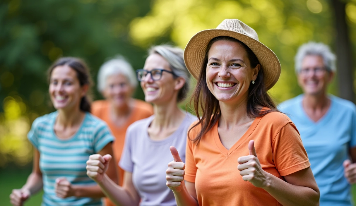 Immagine di persone sorridenti e diverse in un ambiente naturale e sano, magari un parco o un giardino, mentre fanno attività fisica leggera o si godono un pasto salutare all'aperto.