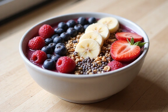 Una ciotola colorata di smoothie con frutta fresca e semi, posta su un tavolo di legno chiaro con luce naturale.