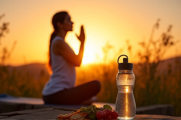 Una persona che fa yoga all'aperto al tramonto, con una bottiglia d'acqua e cibo sano nelle vicinanze, simboleggiando idratazione e benessere.